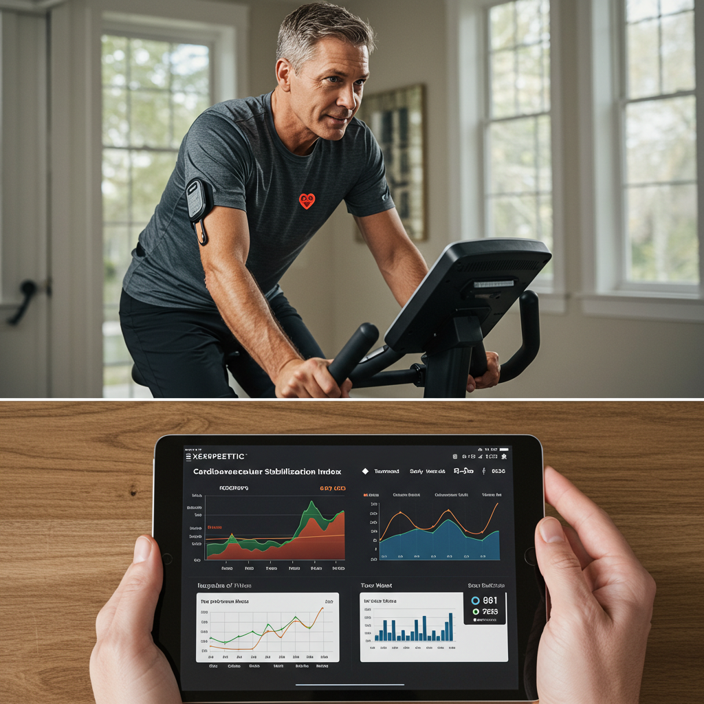 Person using Exerpeutic bike's advanced health monitoring system displaying Cardiovascular Stabilization Index and personalized recovery metrics on both the bike console and companion tablet app